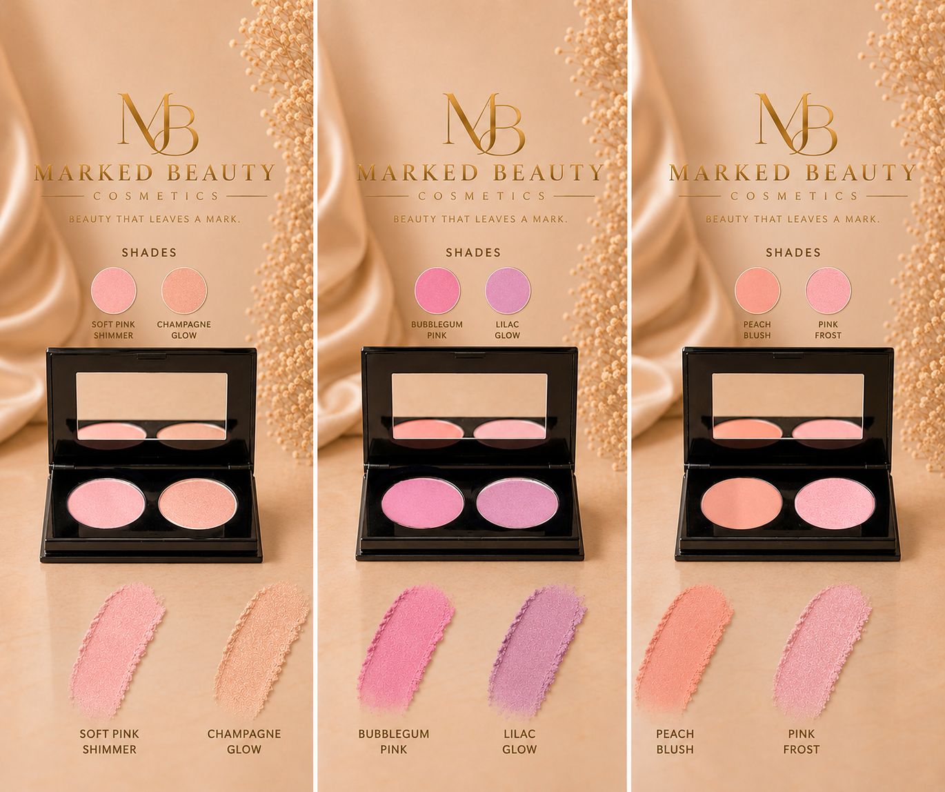 Palette 3 – GRWM (Get Ready With Me)

* Peach Kiss – A warm coral-peach shade that creates a naturally sun-kissed, healthy-looking complexion.
* Rose Petal – A romantic cool pink with a soft satin sheen that brightens the cheeks with a fresh, feminine fin
